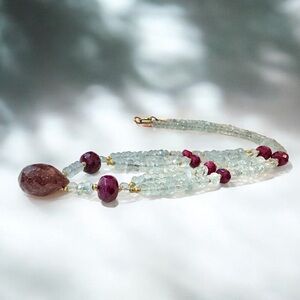 Hand-Faceted Raw Ruby & Aquamarine Gold Over Sterling Necklace